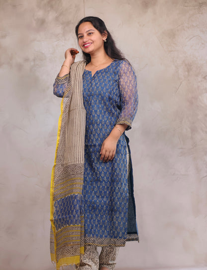 Blue Handblock printed kota 3 piece suit (stitched)