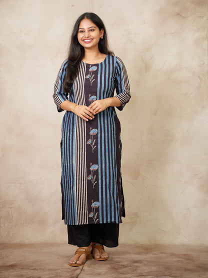 Blue & Black Ajrakh Pattern Hand Block printed Kurti | Looms & Tassels