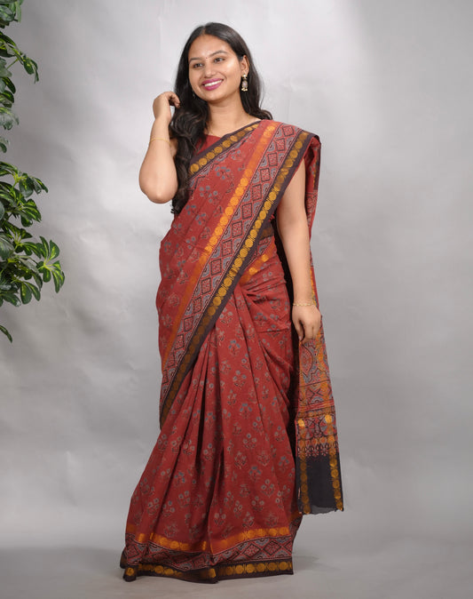 Maroon Ajrakh Hand Block Printed Sungudi Cotton Saree | Looms & Tassels