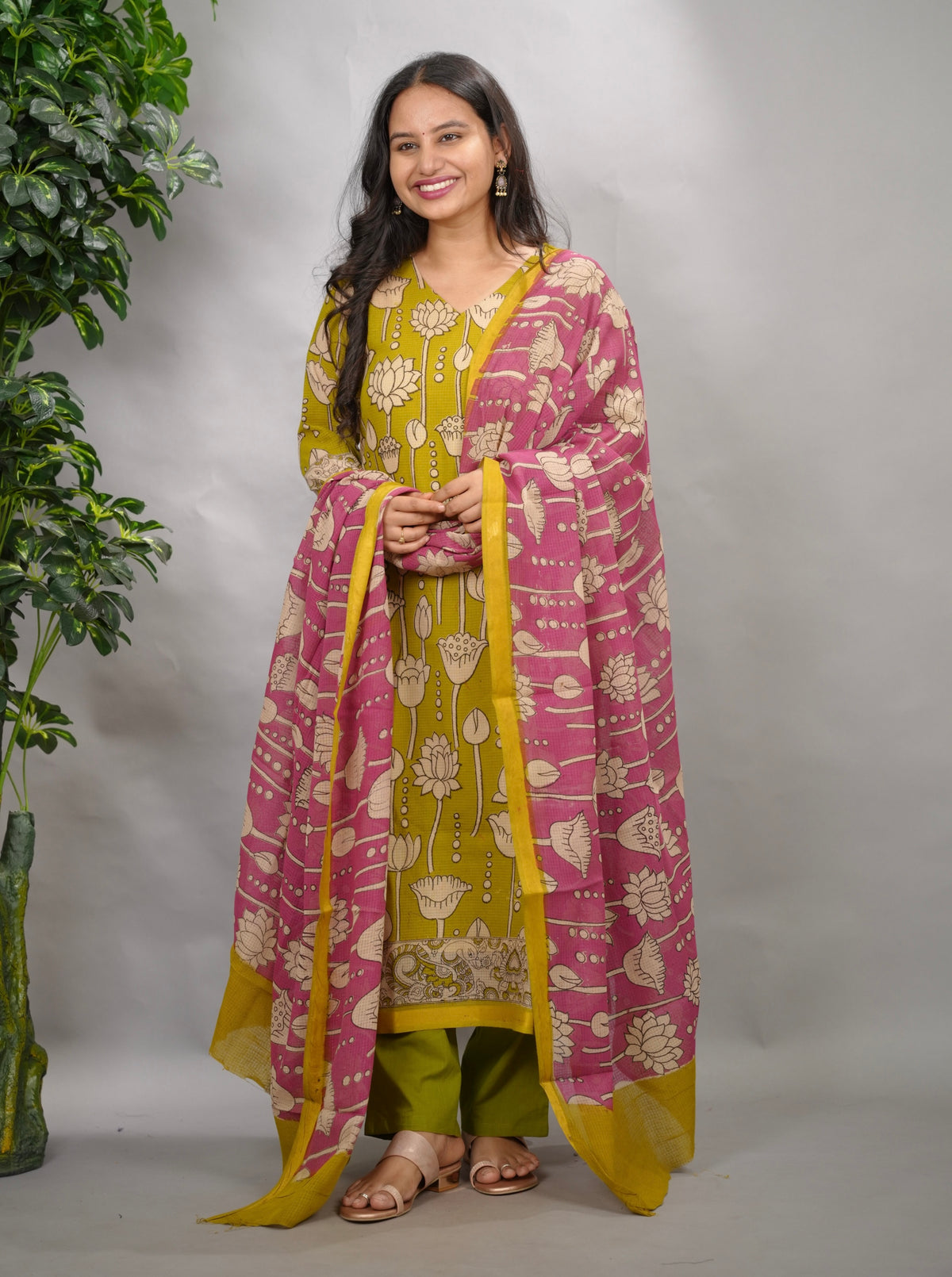 Lemon Green Kalamkari Kota Cotton 3 piece suit (stitched) | Looms & Tassels