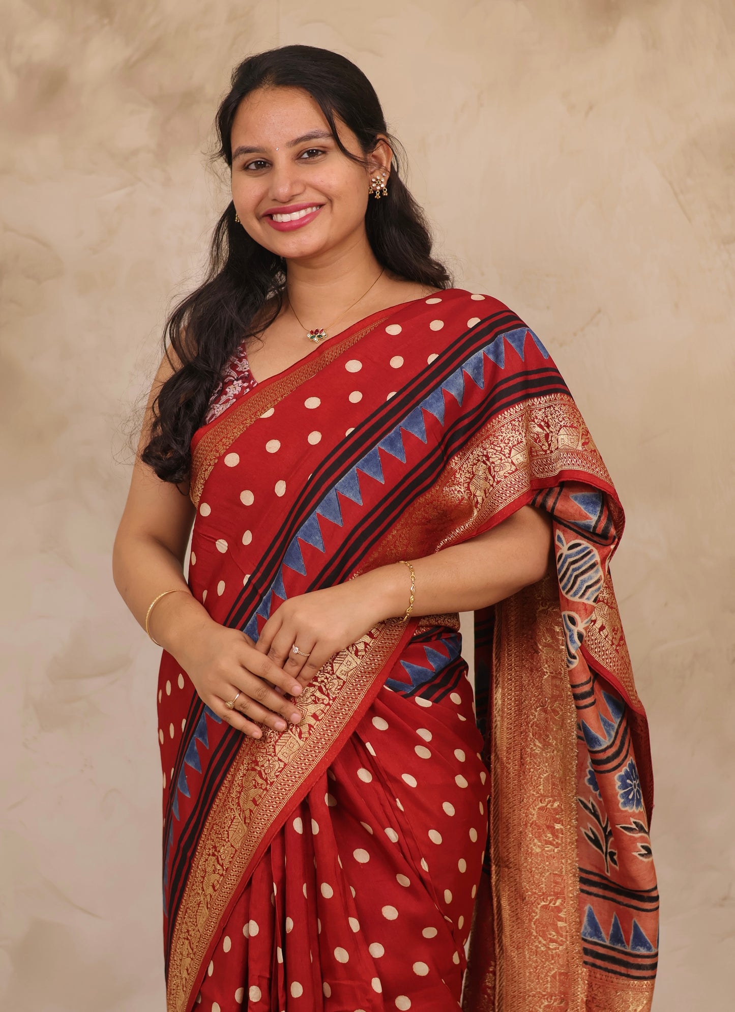 Red Ajrakh Handblock printed Dola Silk Saree | Looms & Tassels