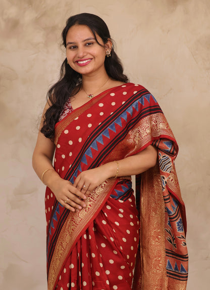 Red Ajrakh Handblock printed Dola Silk Saree | Looms & Tassels