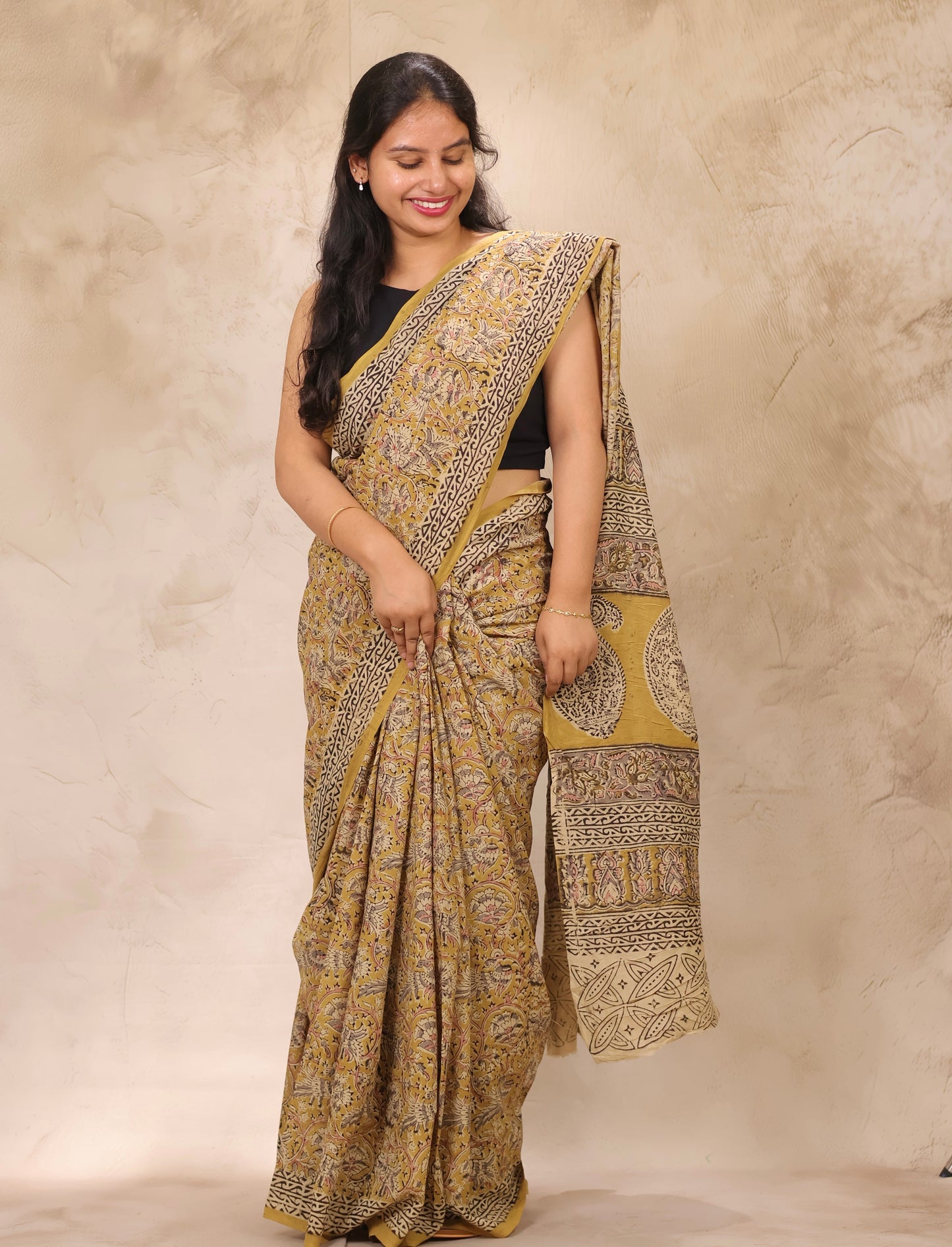 Mustard Hand Block Printed Kalamkari Cotton Saree | Looms & Tassels