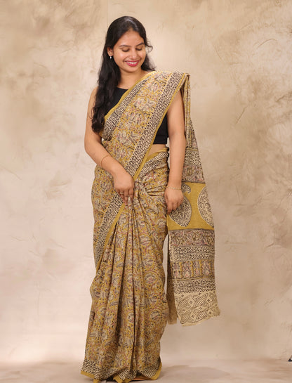 Mustard Hand Block Printed Kalamkari Cotton Saree | Looms & Tassels