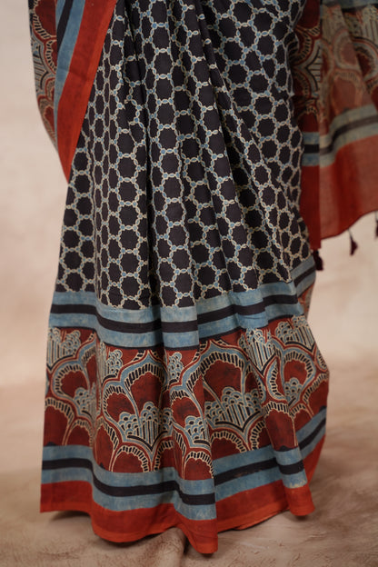 Black & Red Ajrakh Hand Block Printed Cotton Saree | Looms & Tassels
