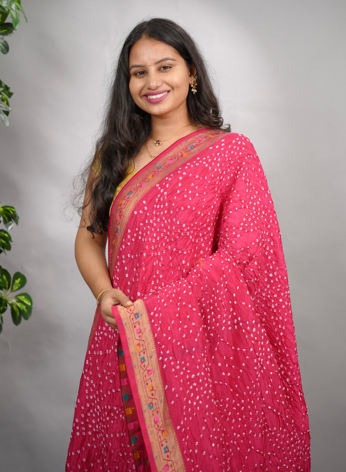 Pink Handcrafted  Pattern Bandhani Paithani Dola Silk Saree | Looms & Tassels