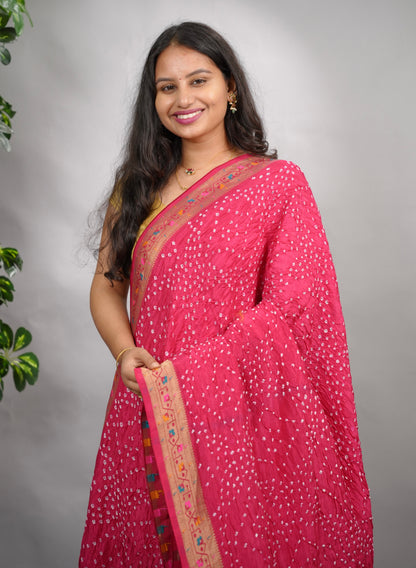 Pink Handcrafted  Pattern Bandhani Paithani Dola Silk Saree | Looms & Tassels