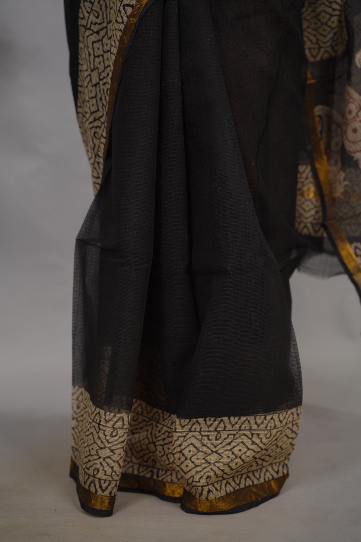 Black Pure Kota Doria Saree with Bagru Handblock Prints