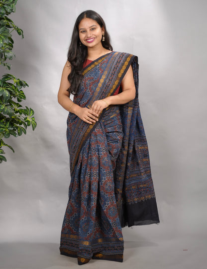 Indigo Ajrakh Hand Block Printed Sungudi Cotton Saree | Looms & Tassels