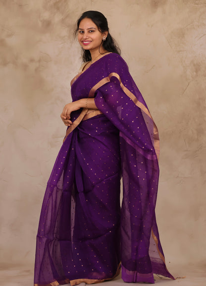 Purple Handwoven Muslin Silk Saree With Sequence Work | Looms & Tassels