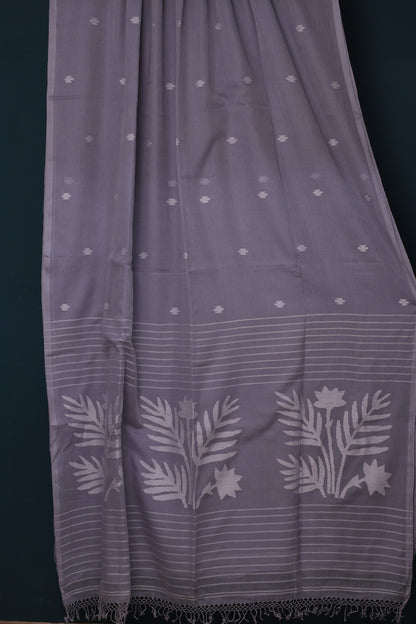 Grey Pure Handwoven Jamdhani Malai Cotton Saree
