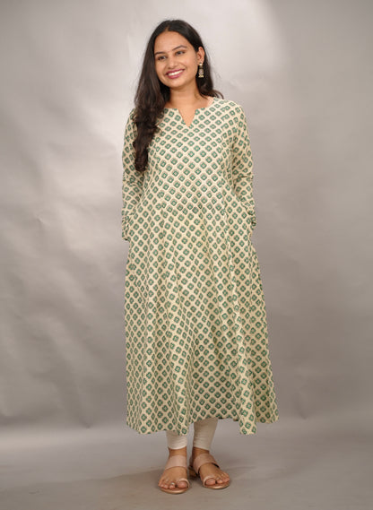 Cream Pure Mul Cotton Kali Kurta with Chudi Sleeves | Looms & Tassels