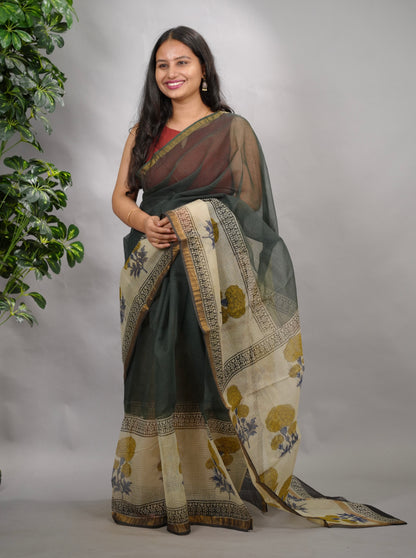 Green Pure Kota Doria Saree with Bagru Handblock Prints