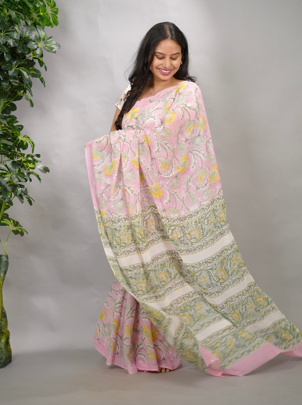 Pastel Pink Georgette Hand Block Printed Saree| Looms & Tassels