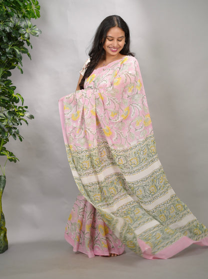 Pastel Pink Georgette Hand Block Printed Saree| Looms & Tassels