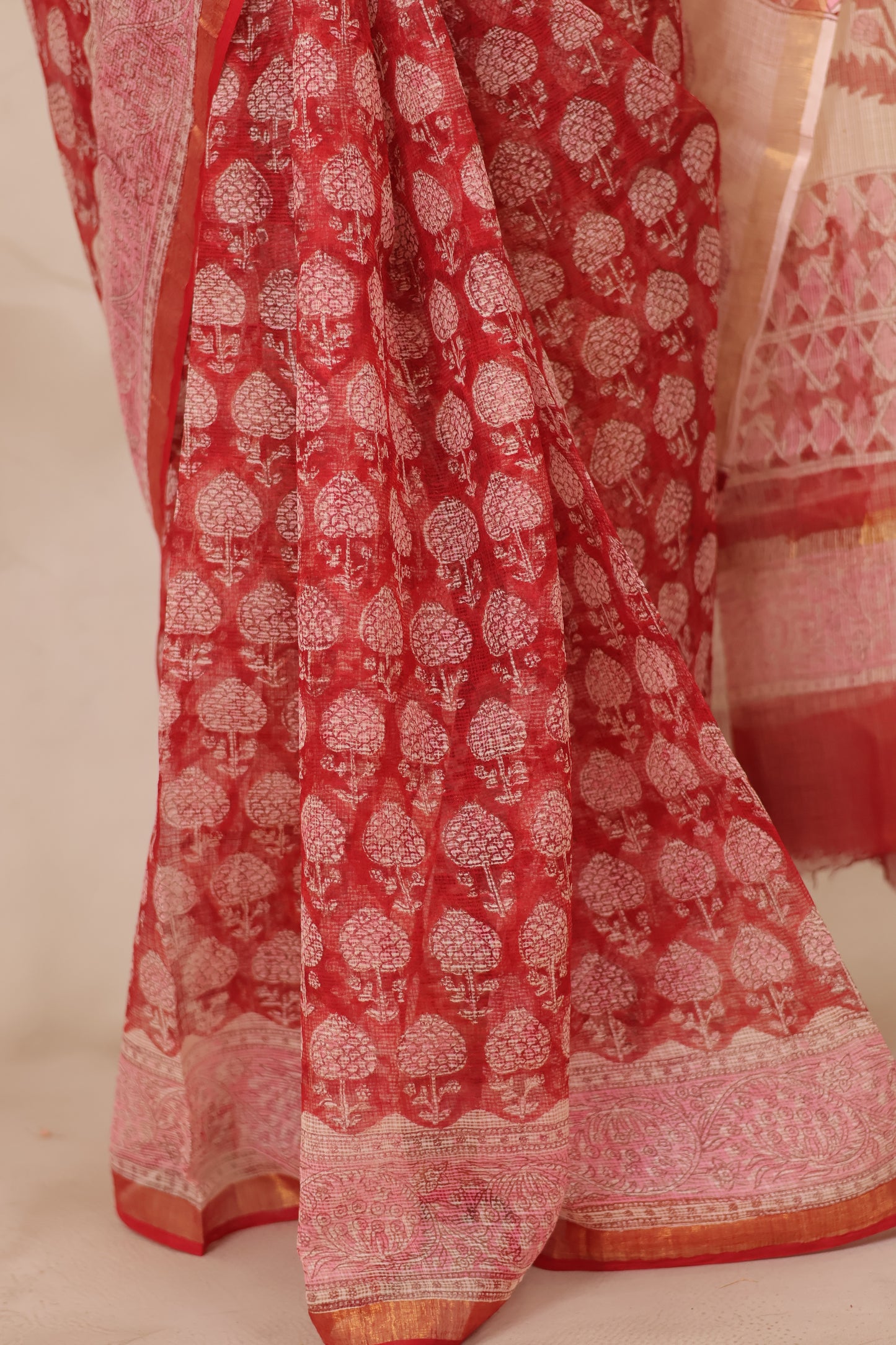 Maroon Pure Kota Doria Saree with Bagru Handblock Prints | Looms & Tassels