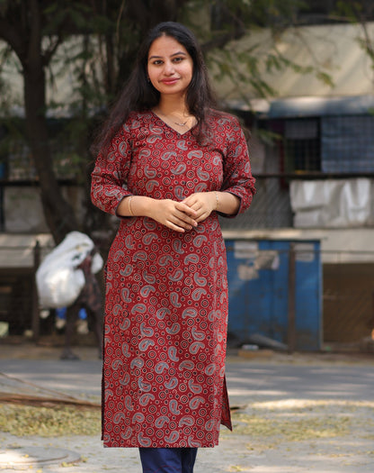 Maroon Ajrakh Hand Block Printed Kurti