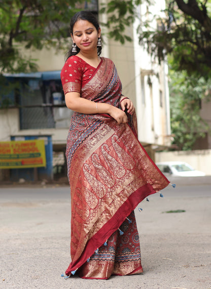Traditional block printed Ajrakh Dola Silk Saree