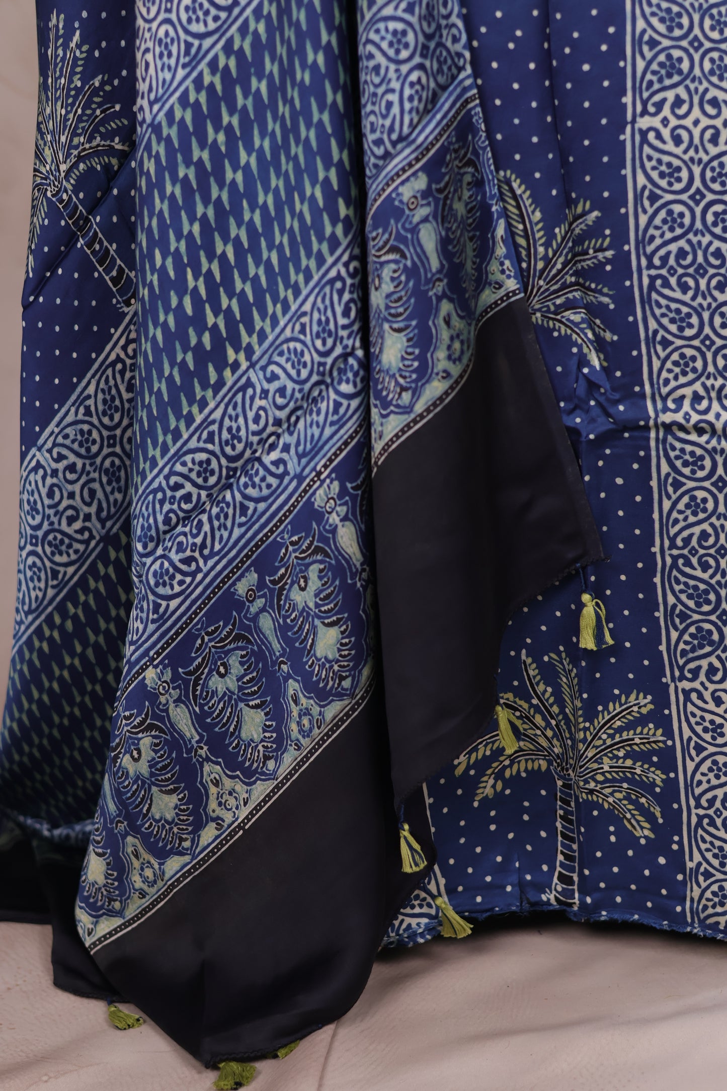 Indigo Ajrakh Handblock Printed Modal Silk 2 Piece Suit Set | Looms & Tassels