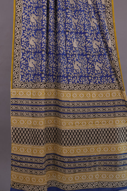 Blue Bagru Handblock printed MulMul cotton saree