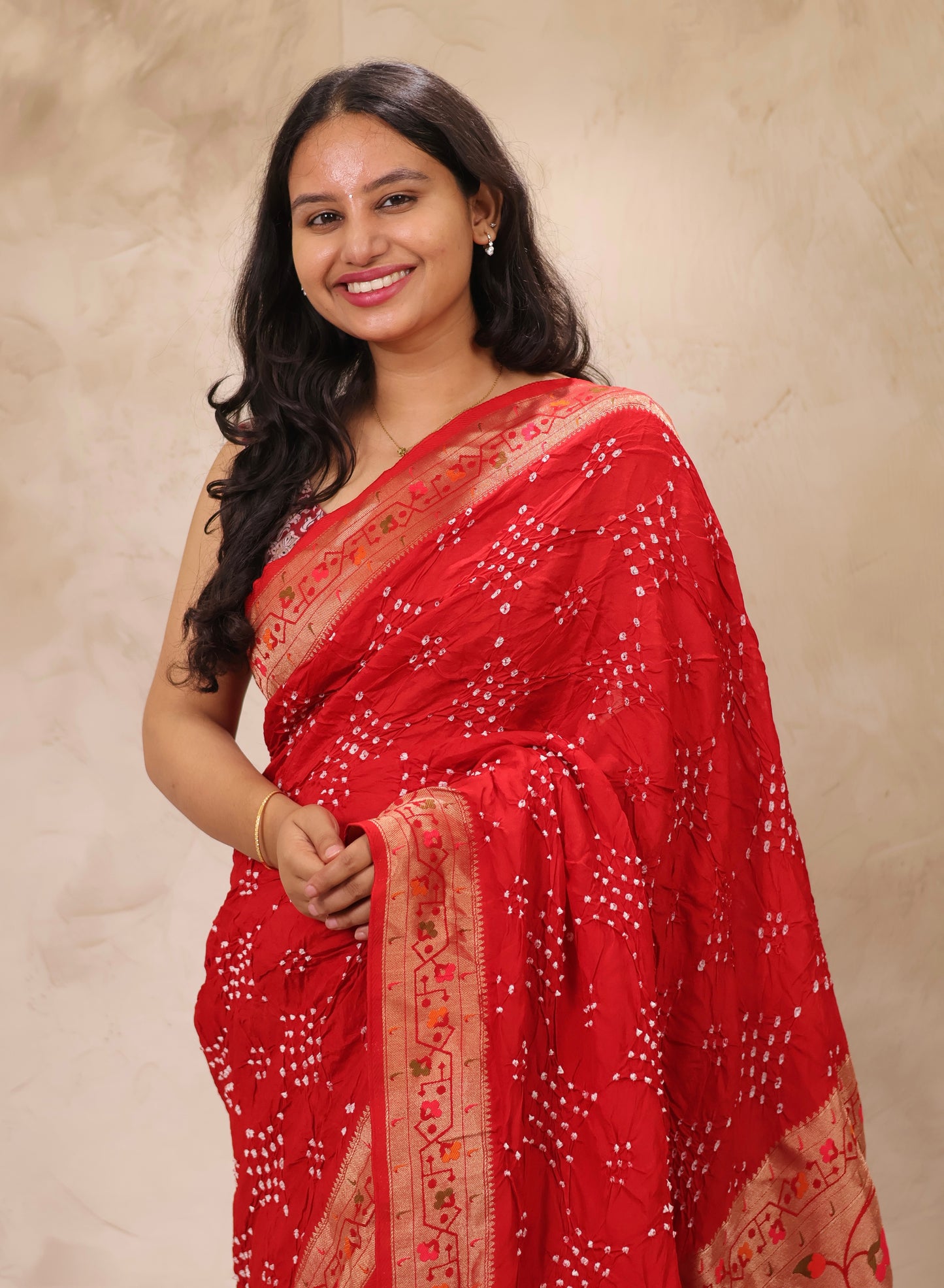 Red Handcrafted Pattern Bandhani Paithani Dola Silk Saree | Looms & Tassels