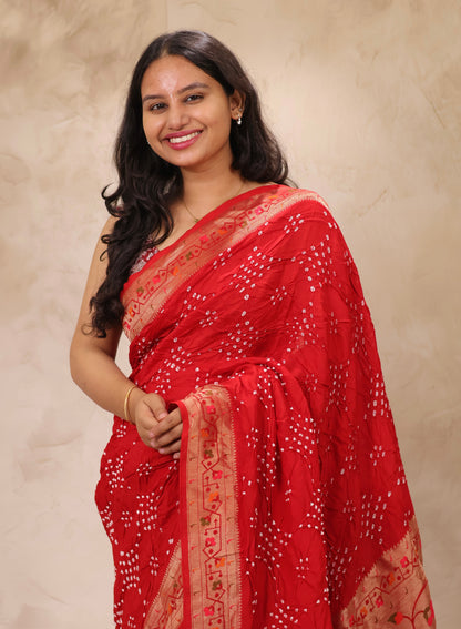 Red Handcrafted Pattern Bandhani Paithani Dola Silk Saree | Looms & Tassels