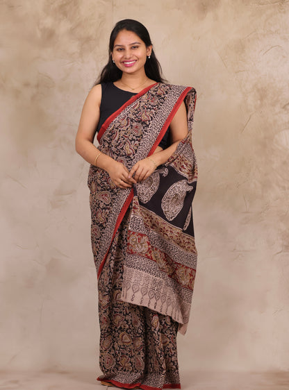 Black Hand Block Printed Kalamkari Cotton Saree | Looms & Tassels