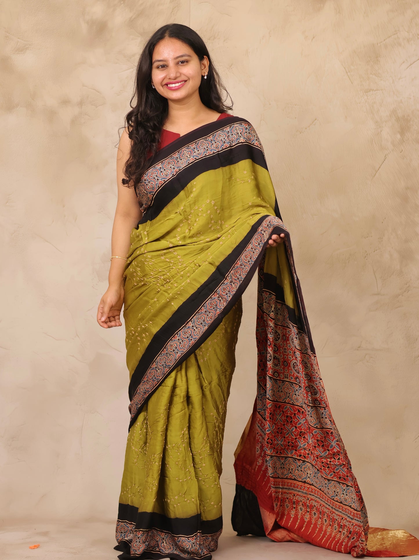 Lemon Green Hand Knotted Bandhej Arakh Modal Silk Saree with Lagdi Pallu | Looms & Tassels