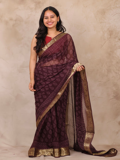 Coffee Brown Chiffon Hand Block Printed Saree with Jari Border | Looms & Tassels