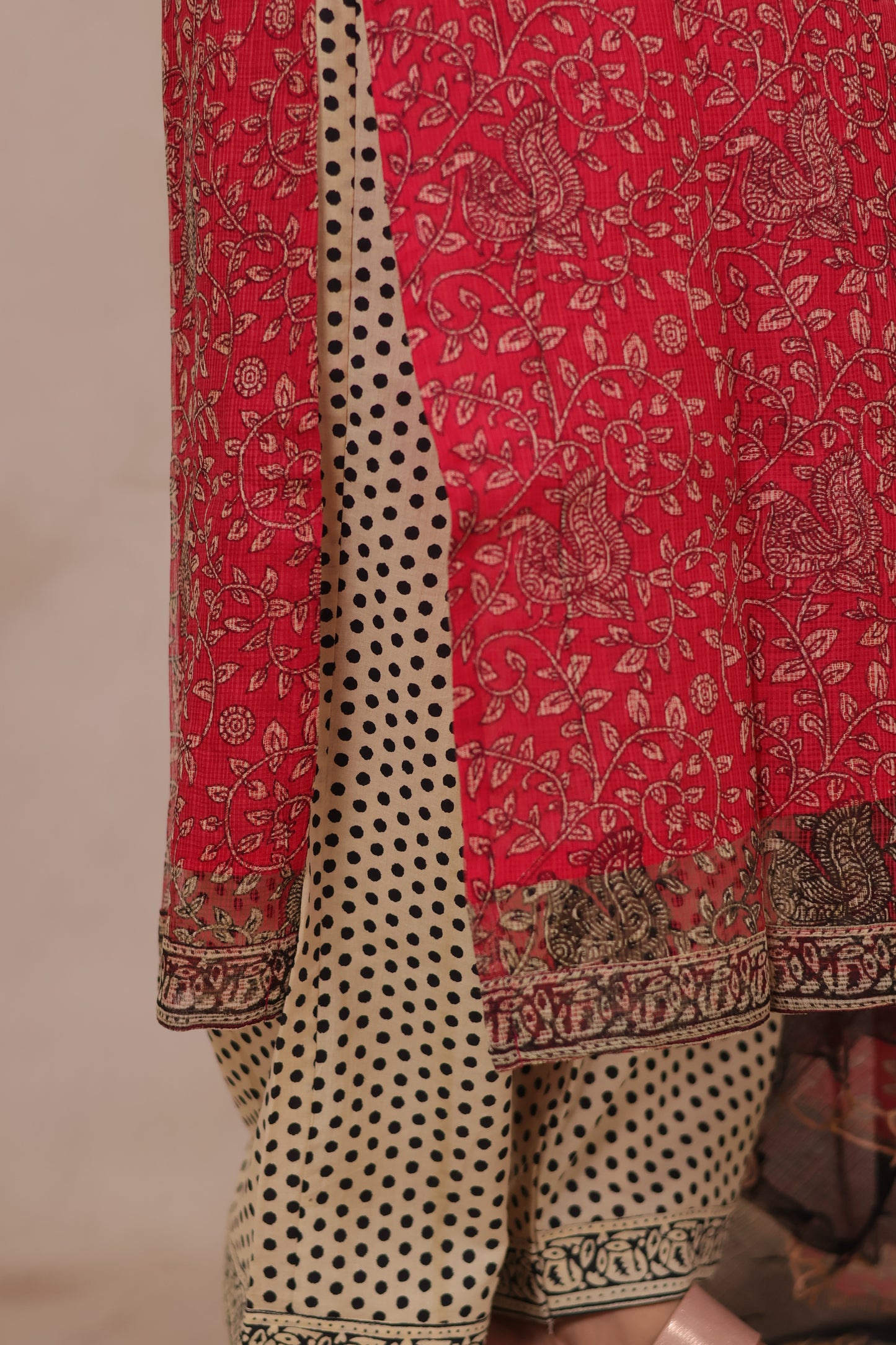Pink Handblock printed kota 3 piece suit (stitched)