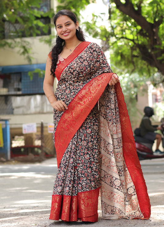 Black & Red Kuppadam Border Kalamkari Uppada Silk Saree