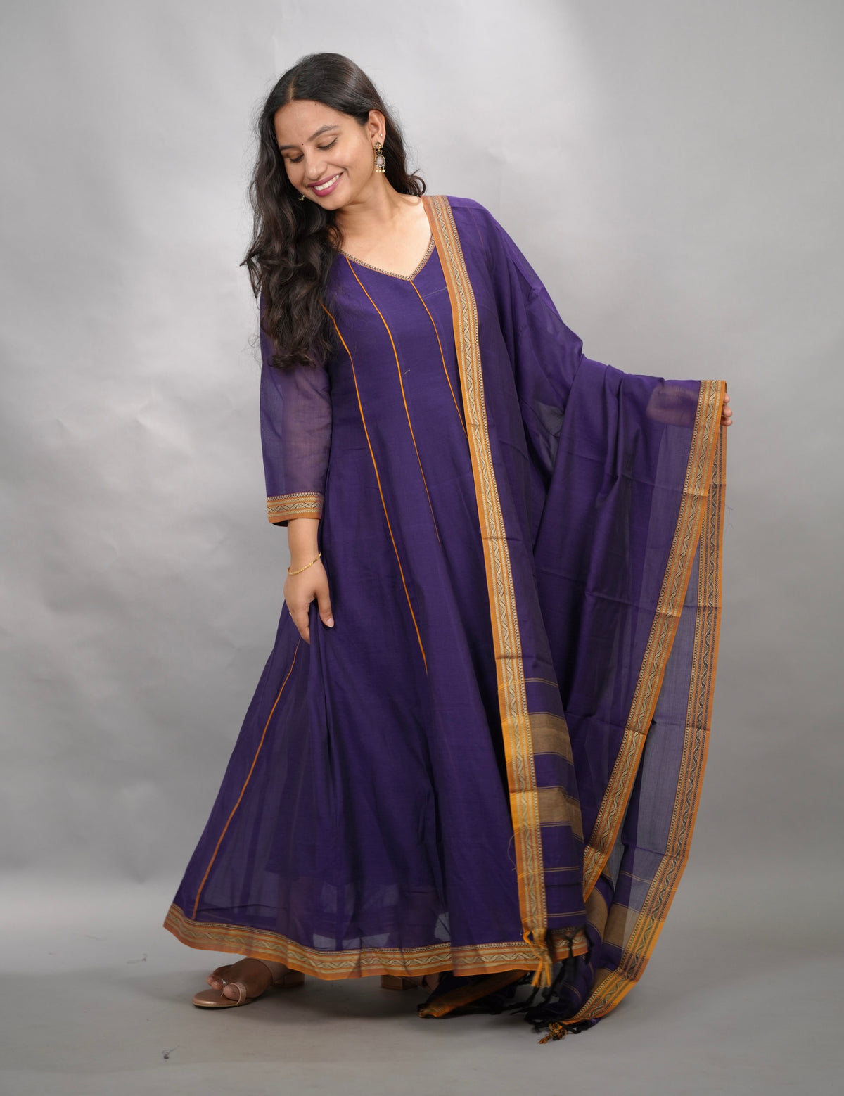 Violet Narayanpet Cotton Anarkali Dress with Narayanpet Dupatta | Looms & Tassels
