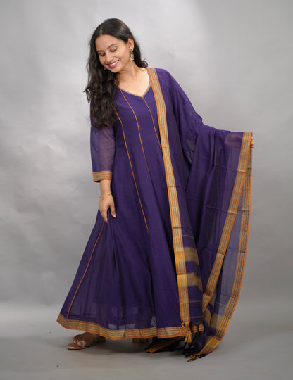 Violet Narayanpet Cotton Anarkali Dress with Narayanpet Dupatta | Looms & Tassels
