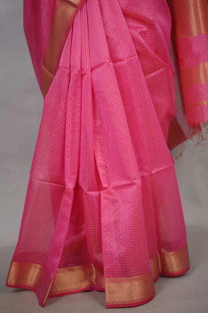 Pink Checks Handloom Maheswari Silk Cotton Sarees | Looms & Tassels