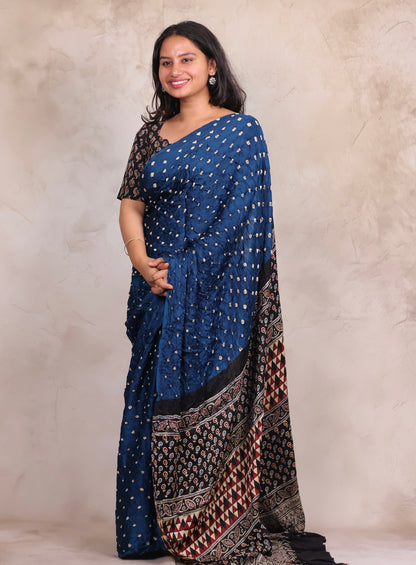 Blue Hand Knotted Bandhej Modal Silk Saree with Ajrakh Pallu | Looms & Tassels