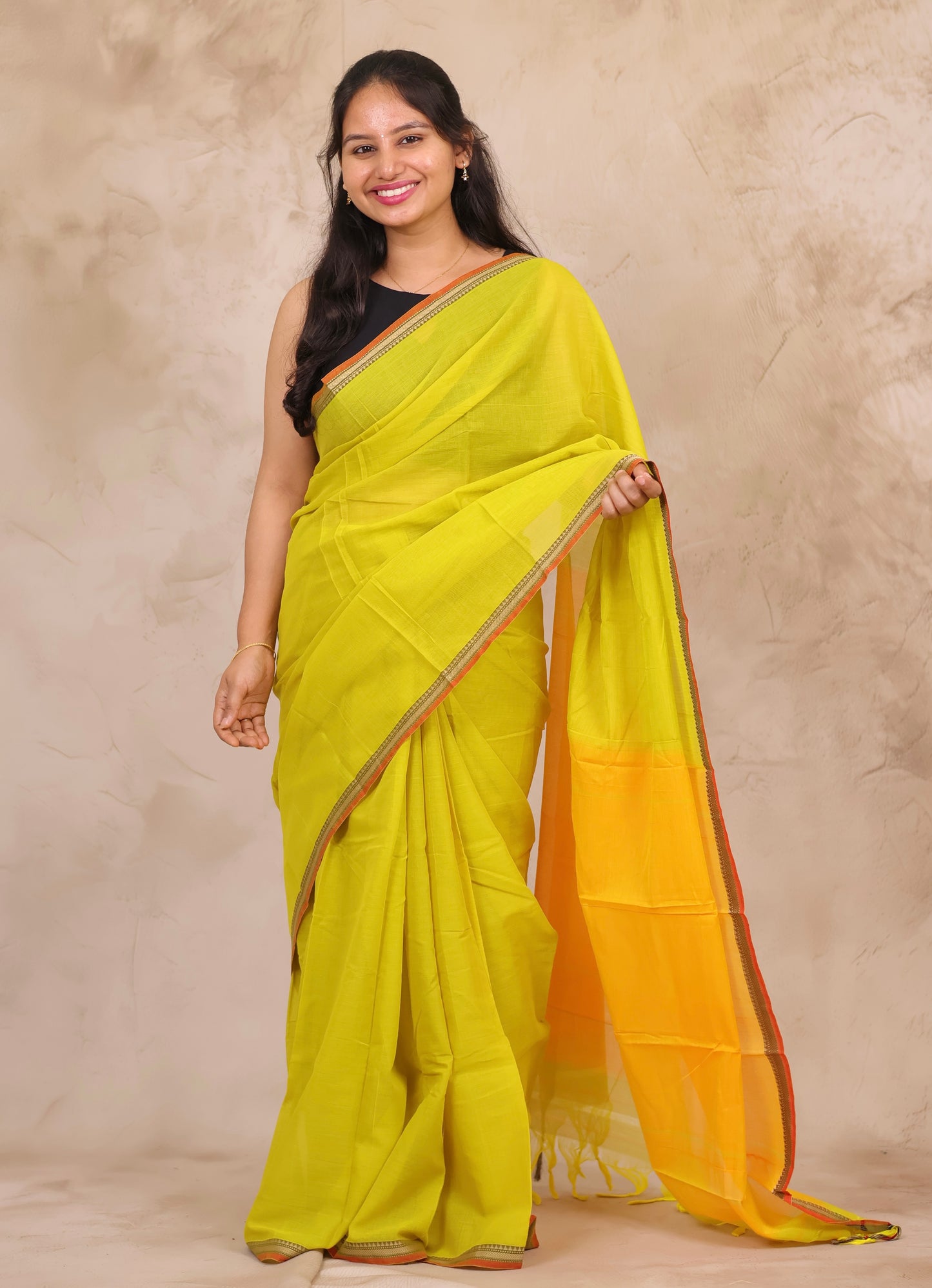 Lemon Yellow Narayanpet Cotton Saree | Looms & Tassels
