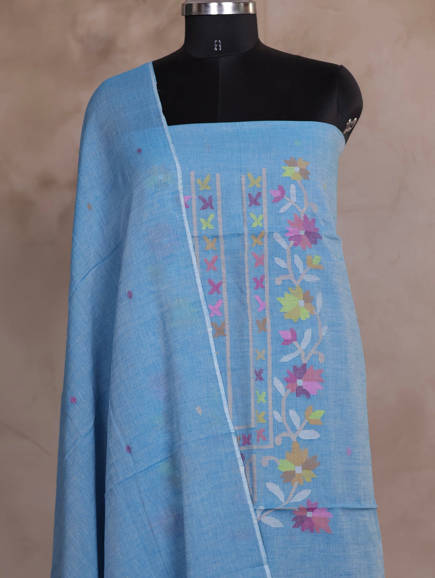 Powder Blue Handwoven Jamdhani weaving pure Malai cotton 2 piece suit sets | Looms & Tassels