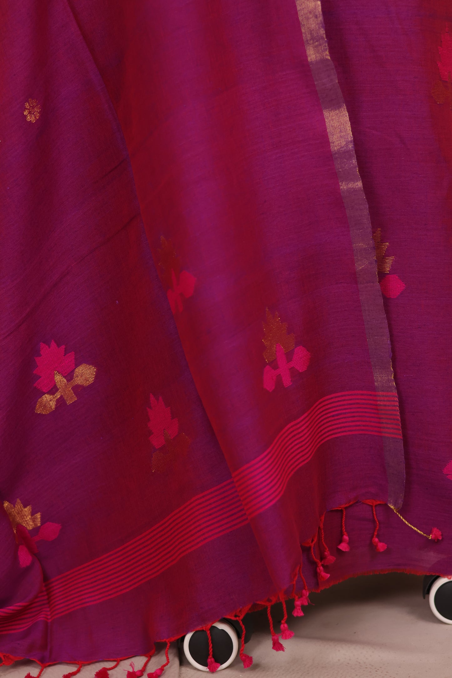 Magenta Pink Handwoven Jamdhani weaving pure Mercerised Malai cotton 2 piece suit sets | Looms & Tassels