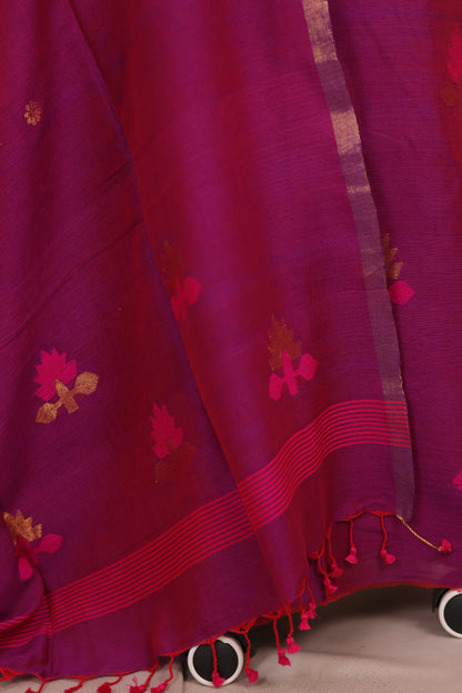 Magenta Pink Handwoven Jamdhani weaving pure Mercerised Malai cotton 2 piece suit sets | Looms & Tassels