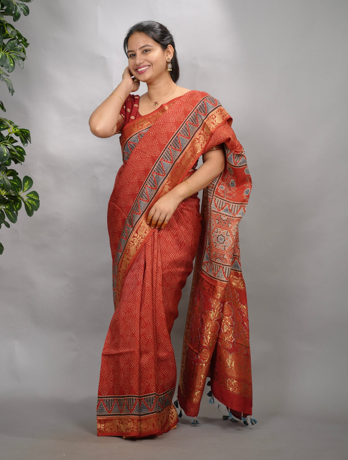 Maroon Ajrakh Handblock printed Dola Silk Saree| Looms & Tassels