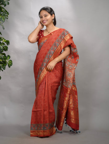 Maroon Ajrakh Handblock printed Dola Silk Saree| Looms & Tassels