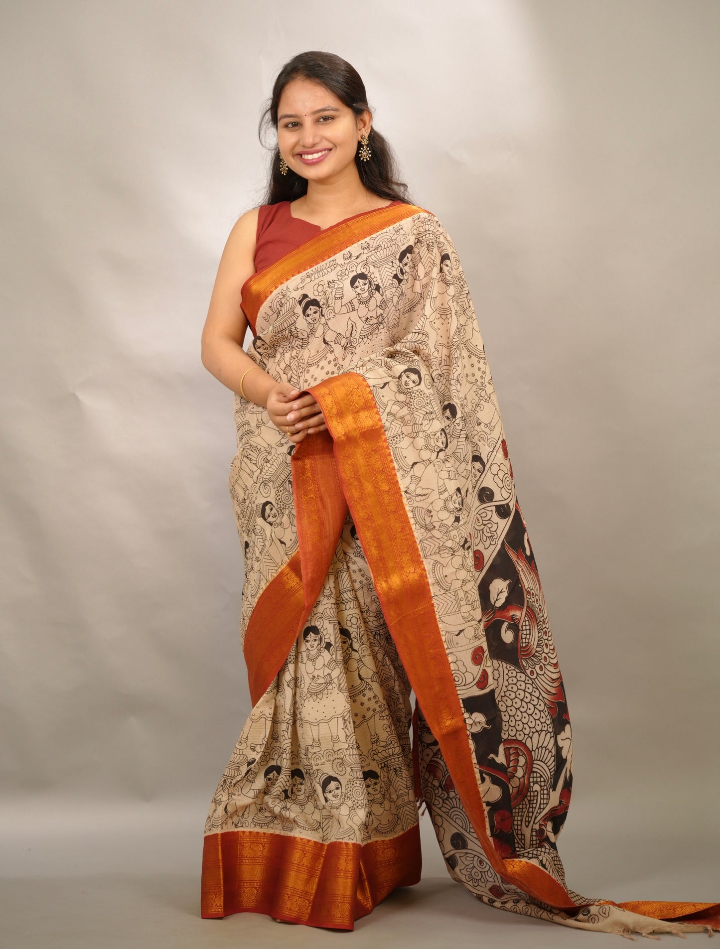 Cream Outline Kanchi border Kalamkari Chennur Silk Saree | Looms & Tassels