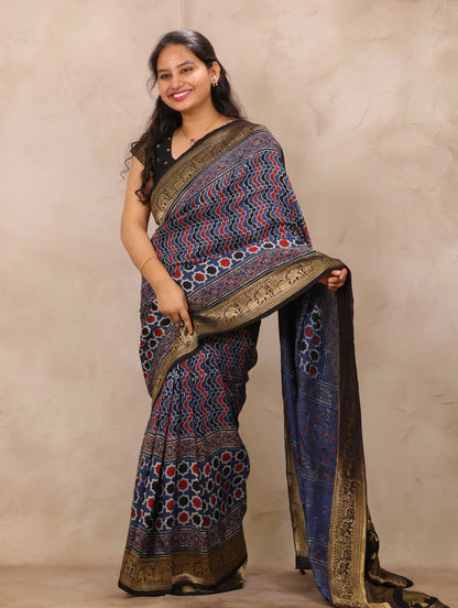 Indigo Ajrakh Handblock printed Dola Silk Saree | Looms & Tassels
