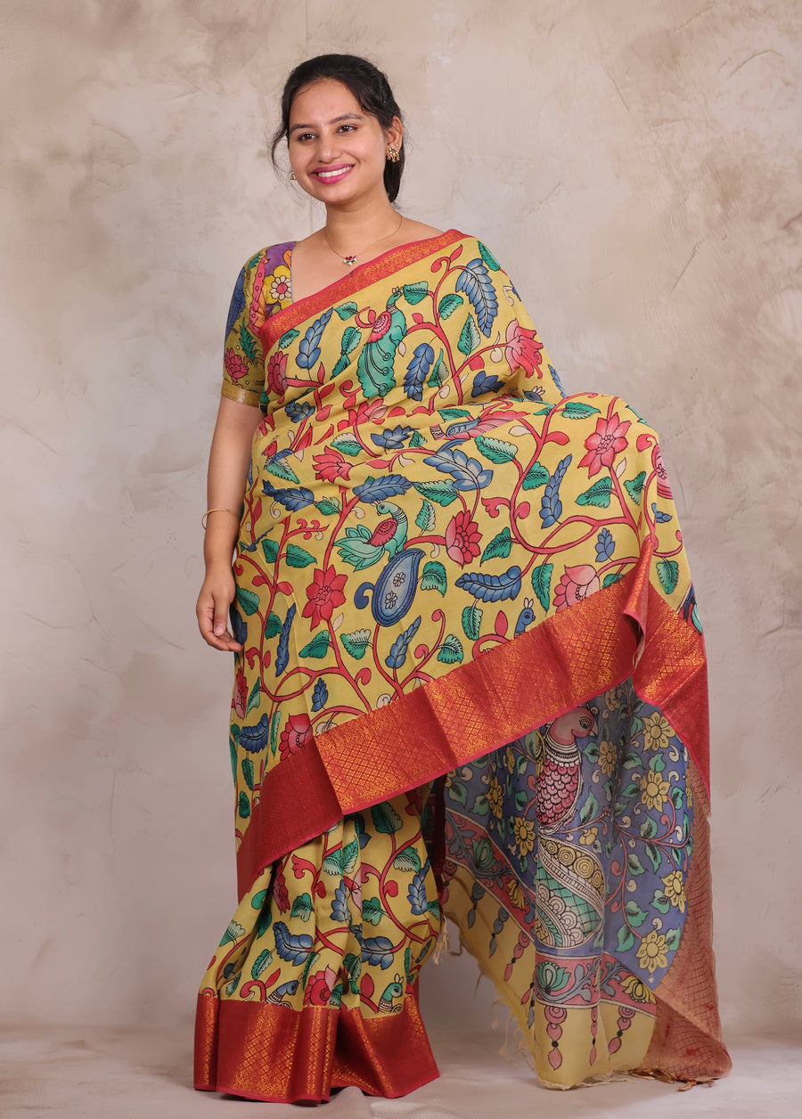 Hand Drawn Pen Kalamkari Light Yellow And Red Bangalore Silk Kanchi Border Saree | Looms & Tassels