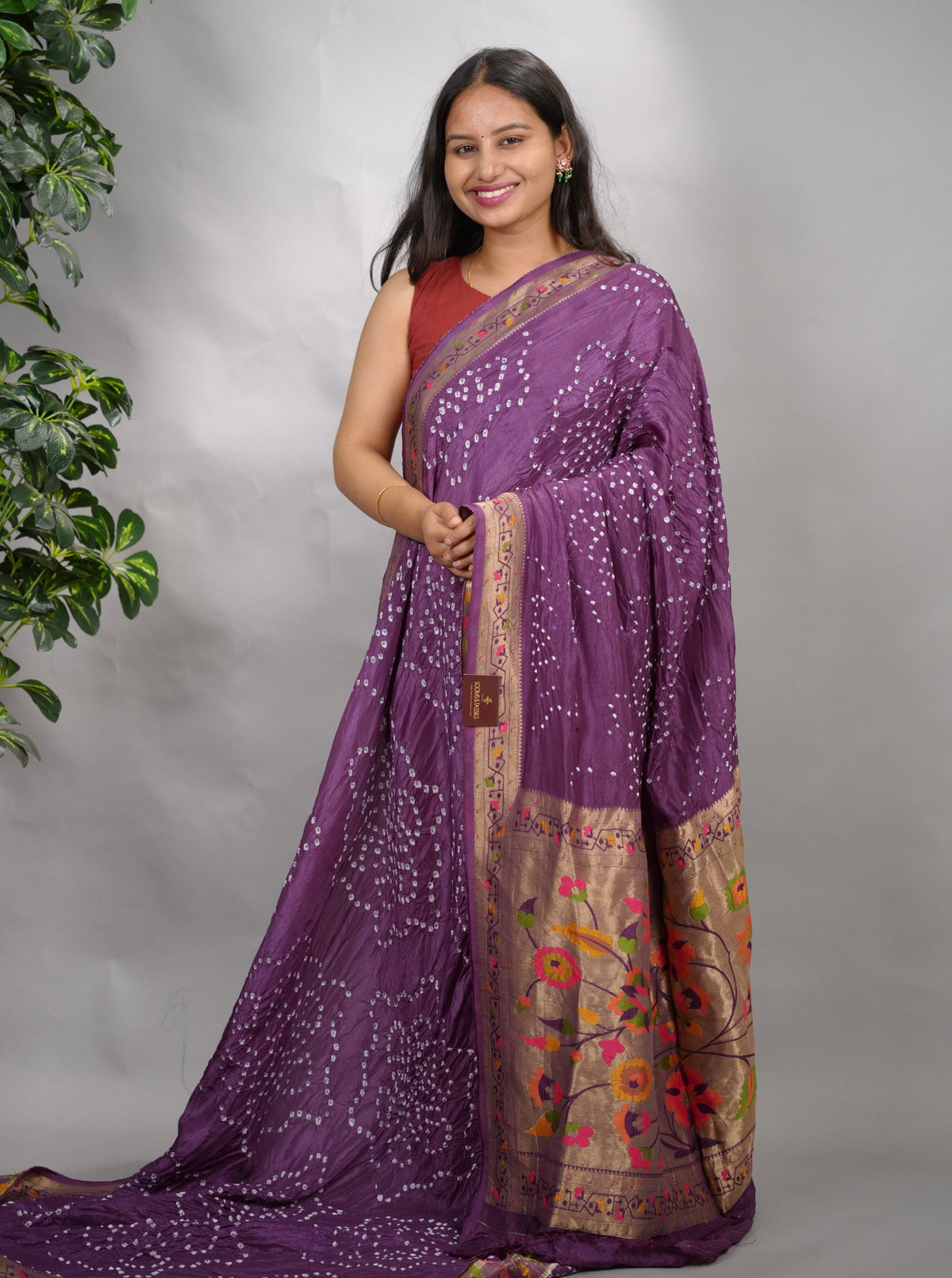 Violet Handcrafted  Pattern Bandhani Paithani Dola Silk Saree | Looms & Tassels