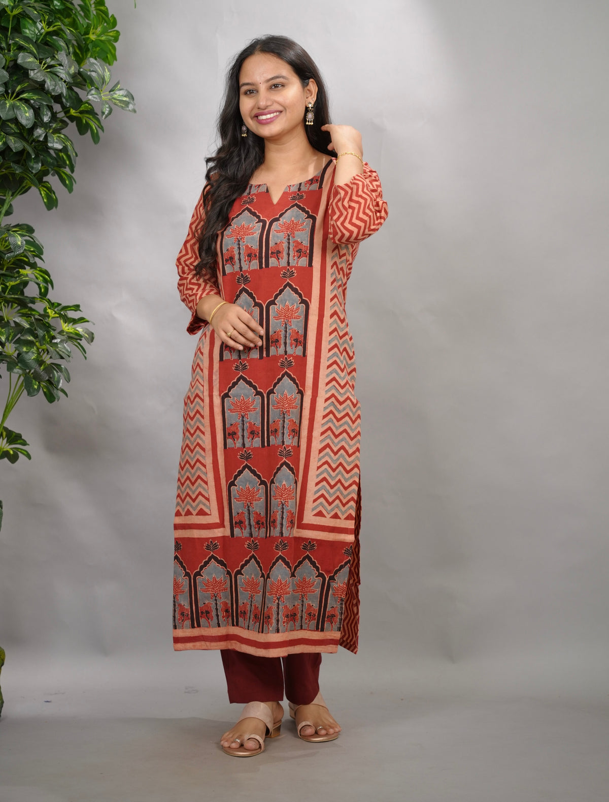 Red Ajrakh Pattern Hand Block printed Kurti | Looms & Tassels
