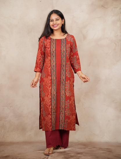 Red Ajrakh Pattern Hand Block printed Kurti | Looms & Tassels
