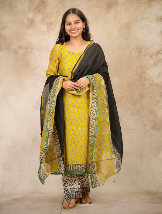 Yellow Handblock printed Pure Chenderi Silk 3 piece suit (stitched) |  Looms & Tassels
