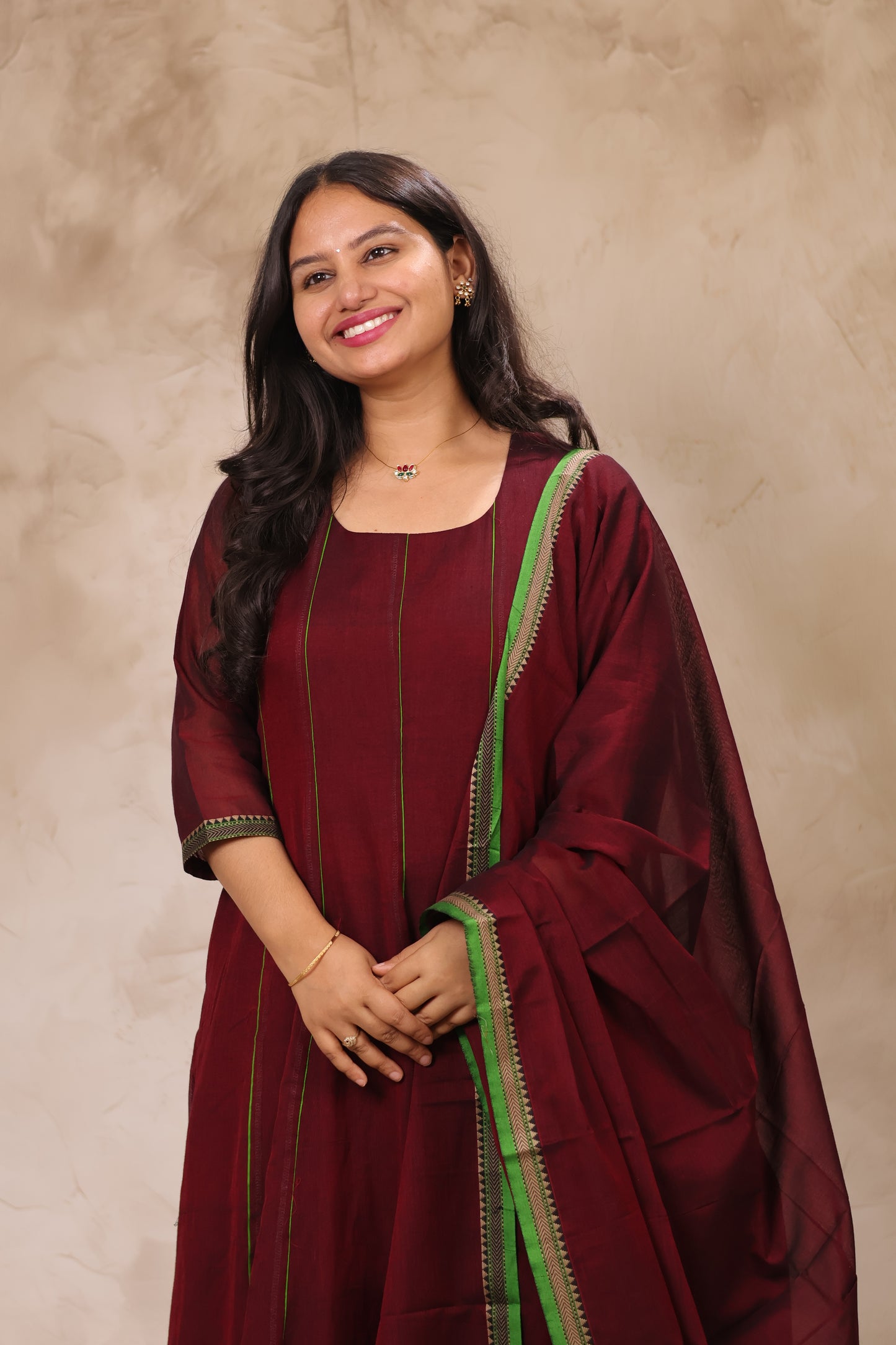 Maroon Narayanpet Cotton Anarkali Dress with Narayanpet Dupatta | Looms & Tassels