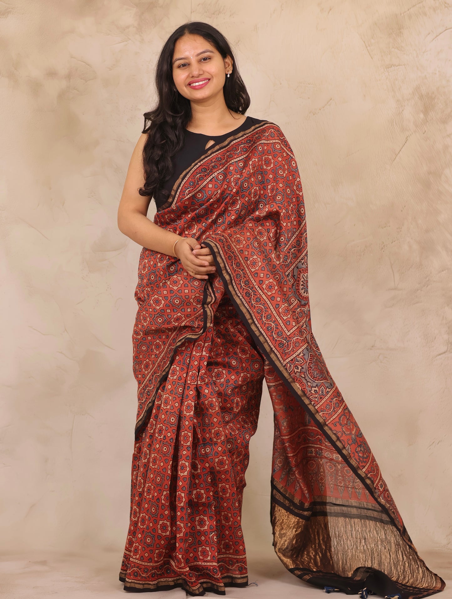 Maheswari Silk Cotton Ajrakh Handblock Printed Saree | Looms & Tassels